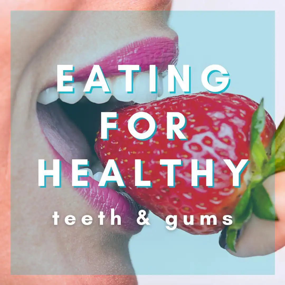 Banner for healthy eating with a person biting into a strawberry.